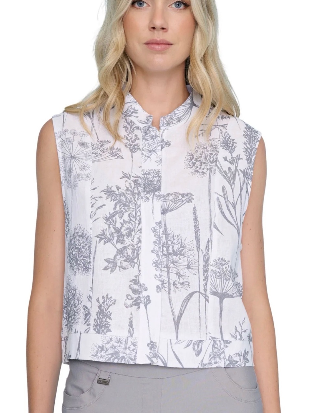 Laura Bianchi White Floral Linen Zip Sleeveless Crop Top